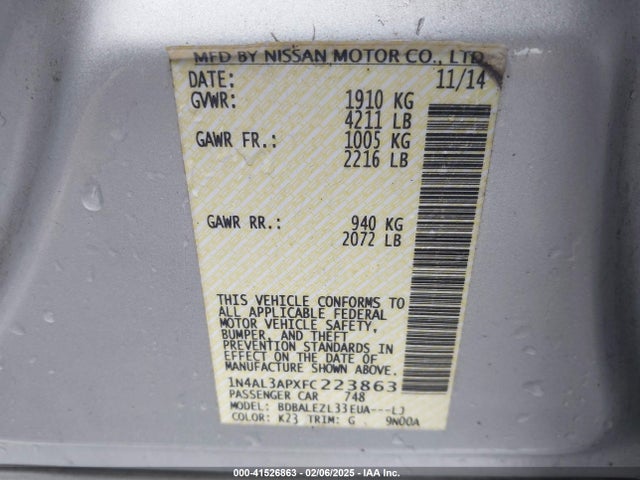 Nissan Altima 2.5 S 2015 1N4AL3APXFC223863 Image 9
