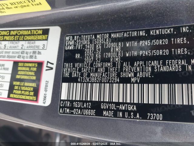 4T3ZK3BB2FU073294 Toyota Venza Le/xle/limited