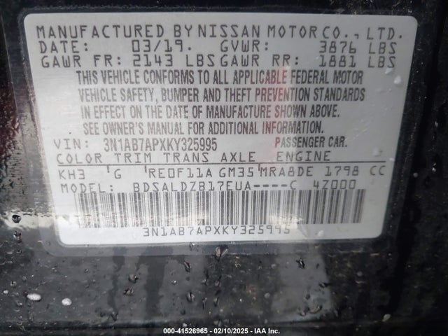3N1AB7APXKY325995 Nissan SENTRA SV