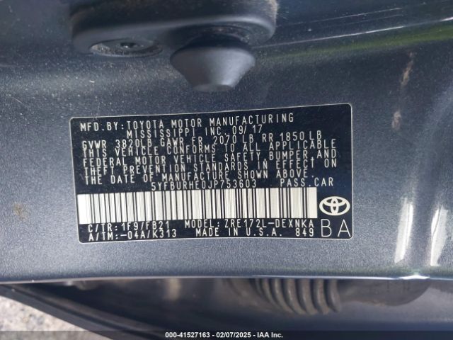 5YFBURHE0JP753603 Toyota COROLLA LE