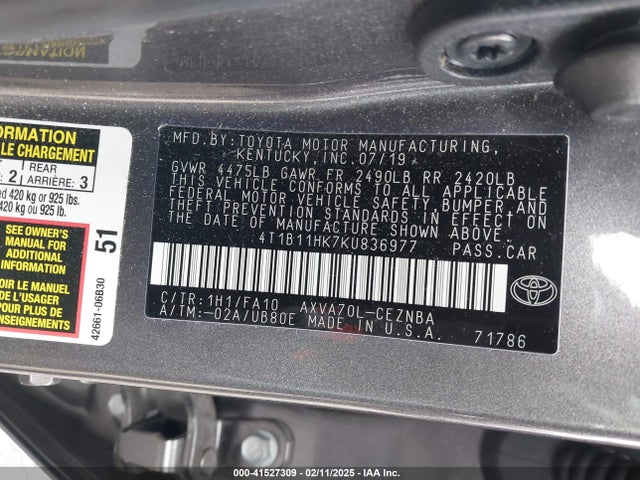 4T1B11HK7KU836977 Toyota CAMRY LE