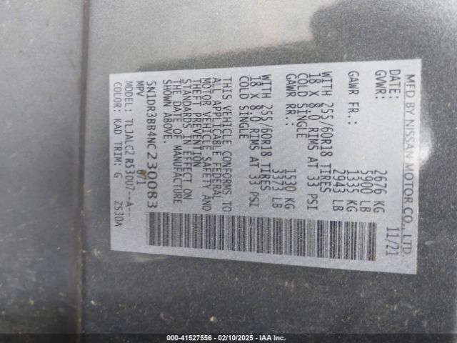 5N1DR3BB4NC230083 Nissan Pathfinder Sv 2wd