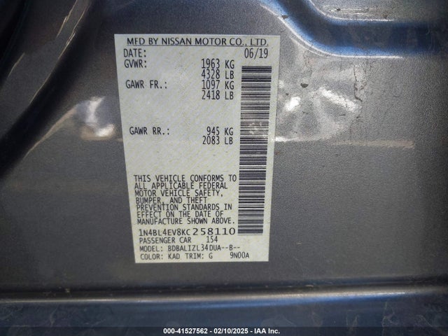 Nissan Altima 2.5 Sl 2019 1N4BL4EV8KC258110 Image 9