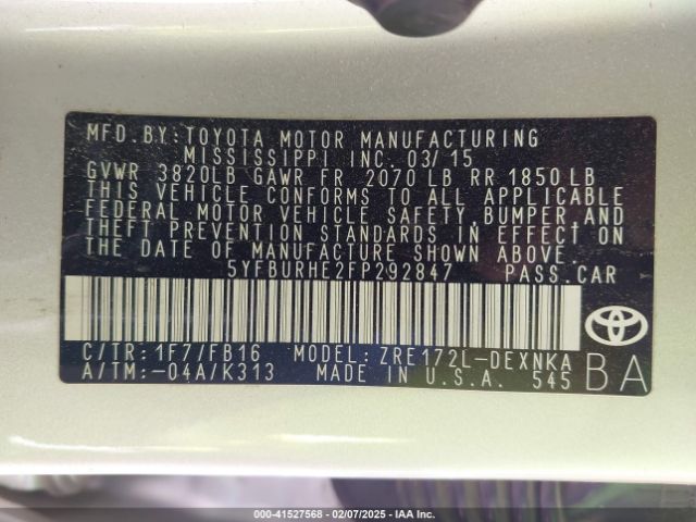 5YFBURHE2FP292847 Toyota COROLLA LE