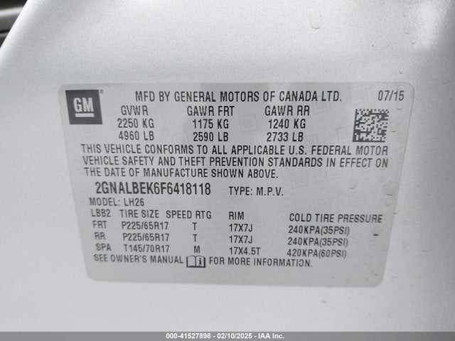 Chevrolet EQUINOX 1LT 2015 2GNALBEK6F6418118 Image 9