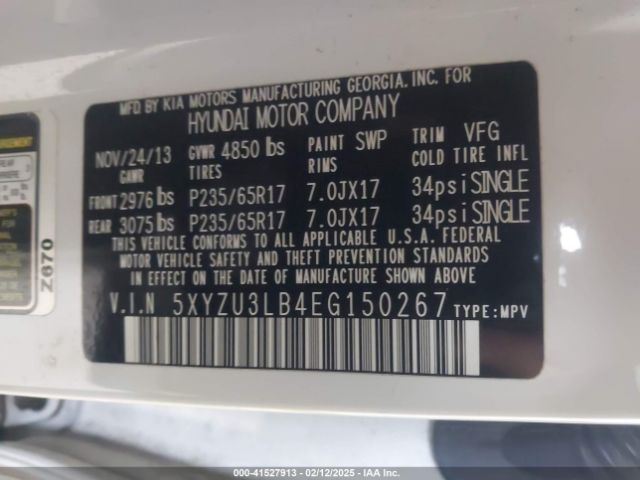5XYZU3LB4EG150267 Hyundai Santa Fe Sport 2.4l