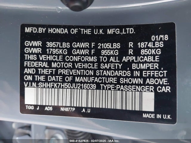 SHHFK7H50JU216039 Honda CIVIC EX