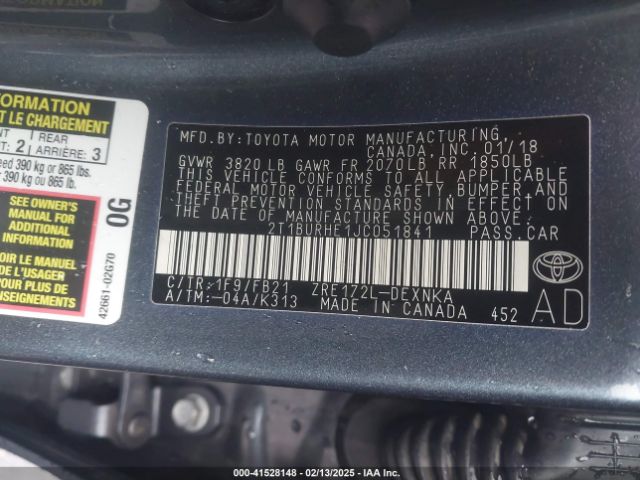 2T1BURHE1JC051841 Toyota COROLLA LE