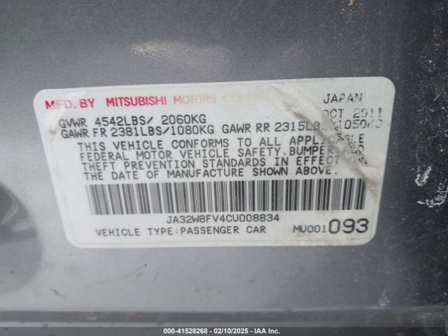 2012 MITSUBISHI LANCER EVOLUTION JA32W8FV4CU008834 Photo 8