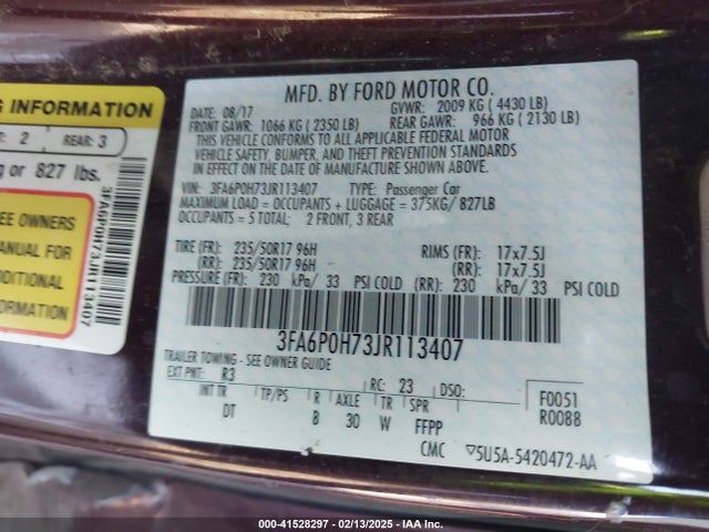Ford FUSION SE 2018 3FA6P0H73JR113407 Image 9