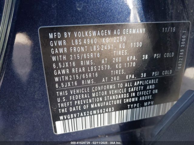 WVGBV7AX2GW562483 Volkswagen Tiguan R-line/s/se/sel