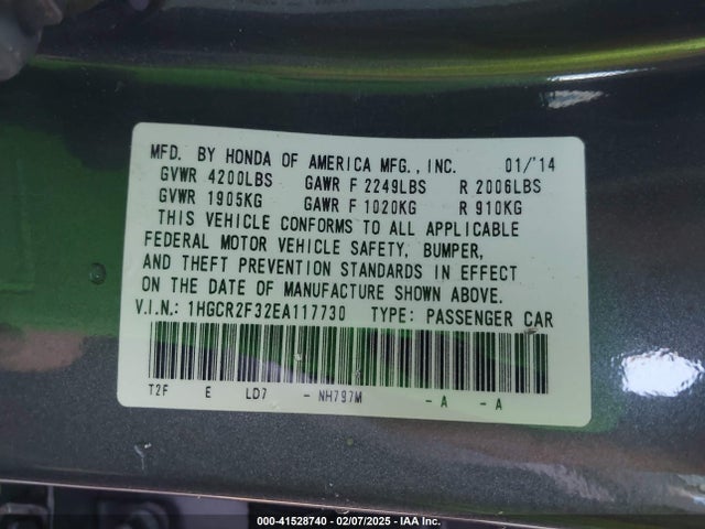 Honda ACCORD LX 2014 1HGCR2F32EA117730 Image 9