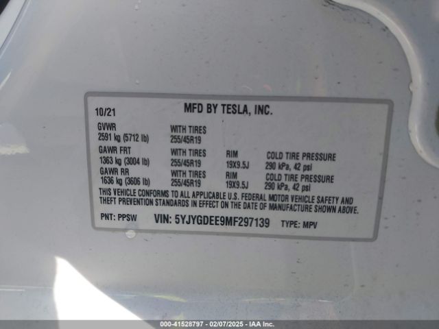 5YJYGDEE9MF297139 Tesla Model Y Long Range Dual Motor All-wheel Drive