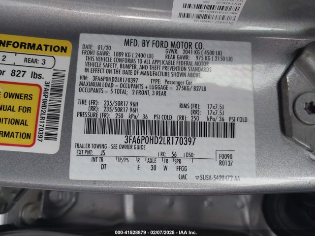 Ford FUSION SE 2020 3FA6P0HD2LR170397 Image 9
