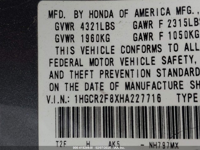 1HGCR2F8XHA227716 Honda Accord Ex-l
