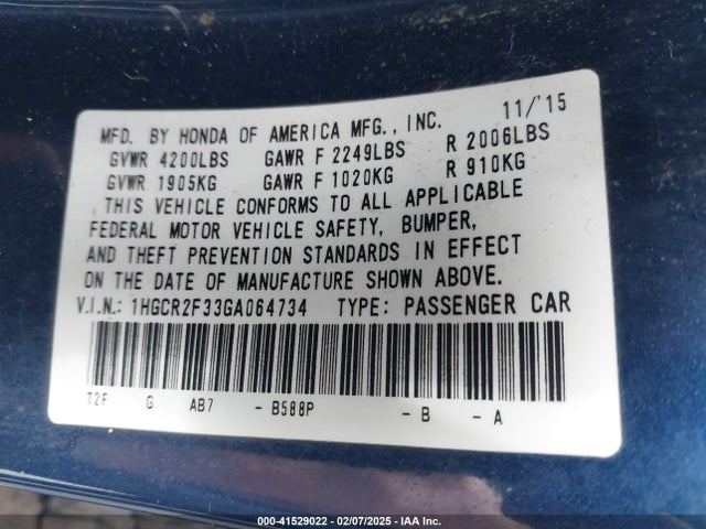Honda ACCORD LX 2016 1HGCR2F33GA064734 Image 9