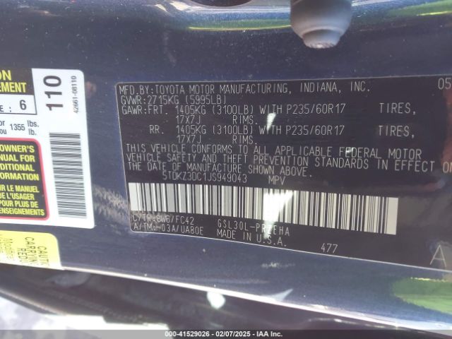 5TDKZ3DC1JS949043 Toyota Sienna Le 8 Passenger