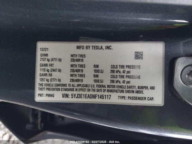 5YJ3E1EA0NF145117 Tesla Model 3 Rear-wheel Drive