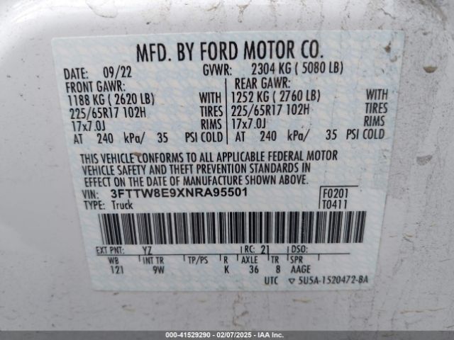 3FTTW8E9XNRA95501 Ford Maverick Xl