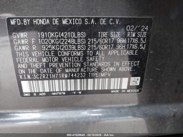 3CZRZ1H71RM744232 Honda Hr-v 2wd Ex-l/2wd Ex-l W/o Bsi