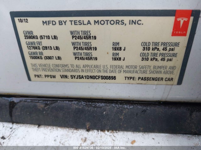 2012 TESLA MODEL S 5YJSA1DN0CFS00898 Photo 8