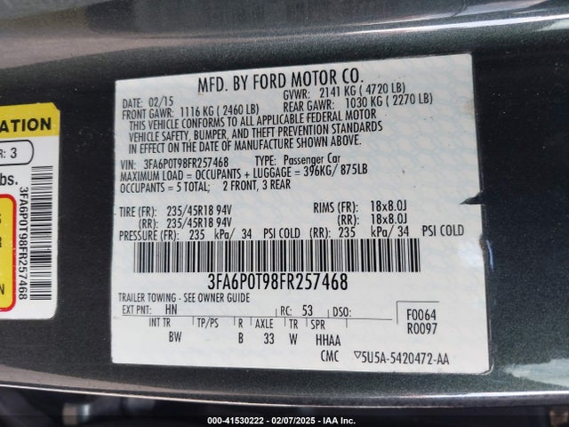 Ford FUSION SE 2015 3FA6P0T98FR257468 Image 9