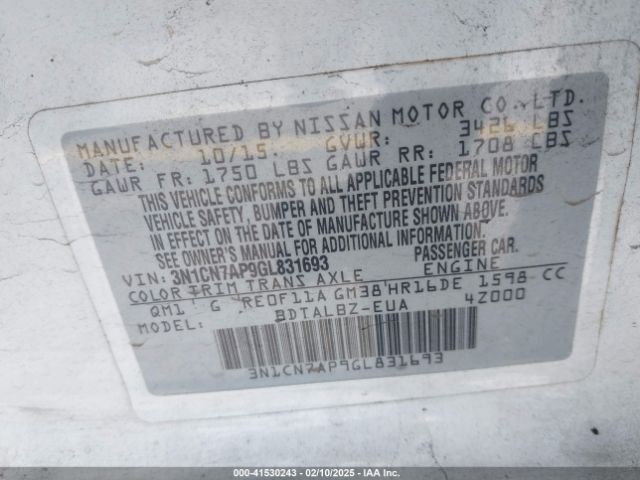3N1CN7AP9GL831693 Nissan Versa 1.6 S/1.6 S+/1.6 Sl/1.6 Sv