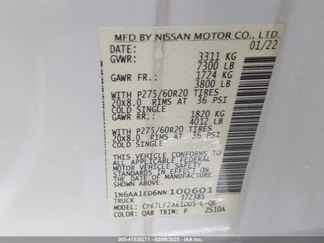 1N6AA1ED6NN100601 Nissan Titan Platinum Reserve 4x4