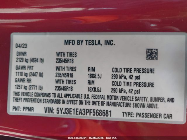 5YJ3E1EA3PF568681 Tesla Model 3 Rear-wheel Drive