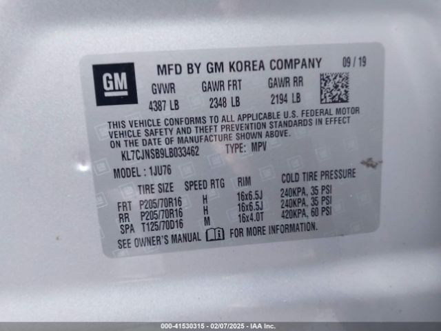 KL7CJNSB9LB033462 Chevrolet Trax Awd Ls