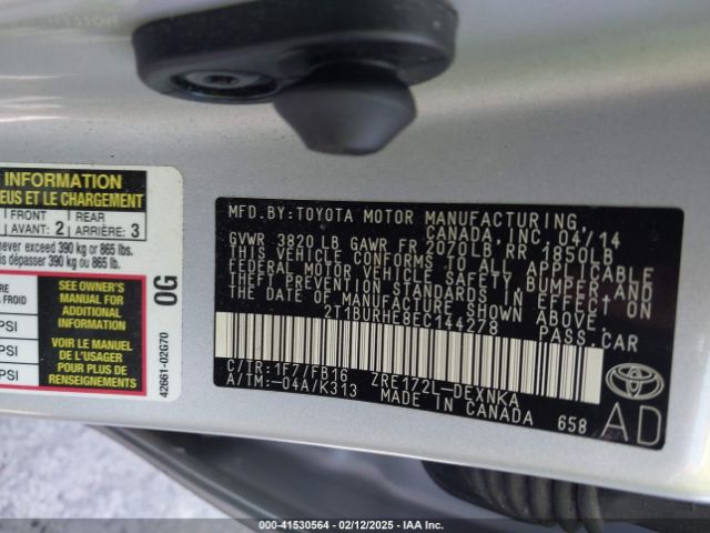 2T1BURHE8EC144278 Toyota Corolla Le Plus