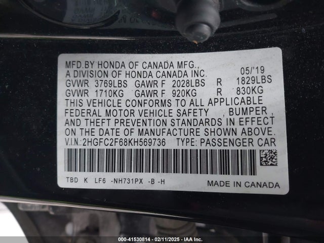 Honda Civic Lx 2019 2HGFC2F68KH569736 Image 9