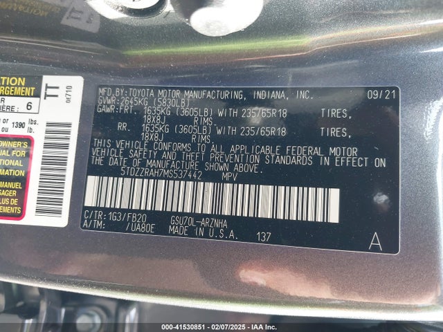 5TDZZRAH7MS537442 Toyota Highlander Le