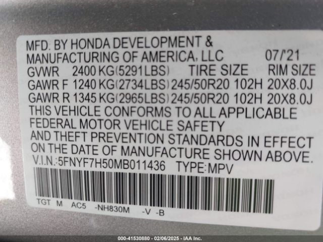 5FNYF7H50MB011436 Honda Passport 2wd Ex-l