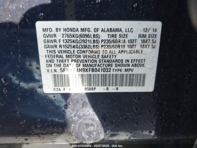 5FNYF4H9XFB041032 Honda Pilot Touring