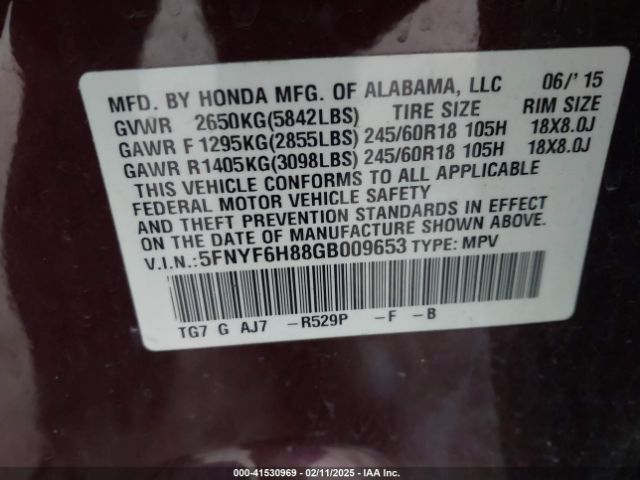 5FNYF6H88GB009653 Honda Pilot Ex-l