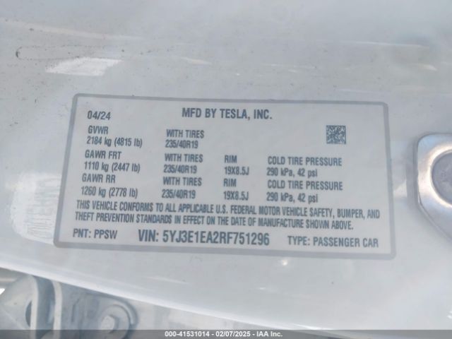5YJ3E1EA2RF751296 Tesla Model 3 Long Range Dual Motor All-wheel Drive/rear-wheel Drive