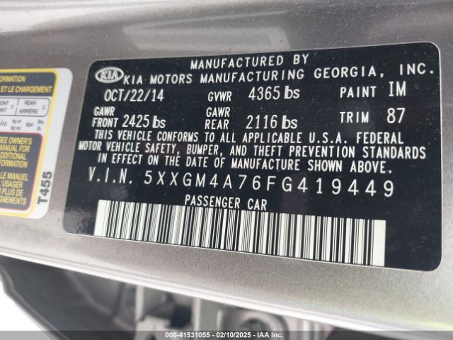 5XXGM4A76FG419449 KIA Optima Lx