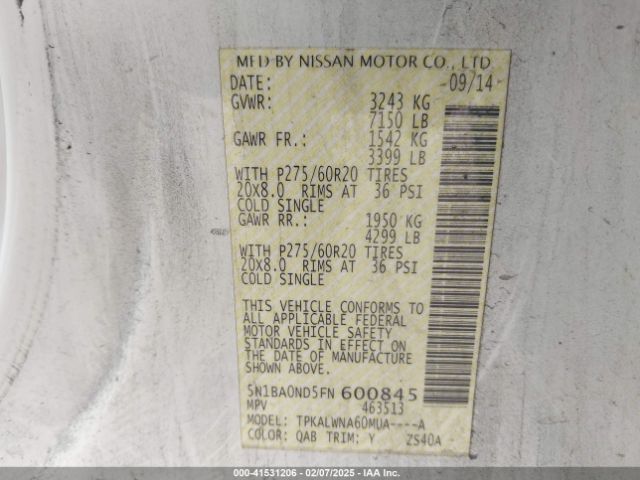 5N1BA0ND5FN600845 Nissan Armada Platinum