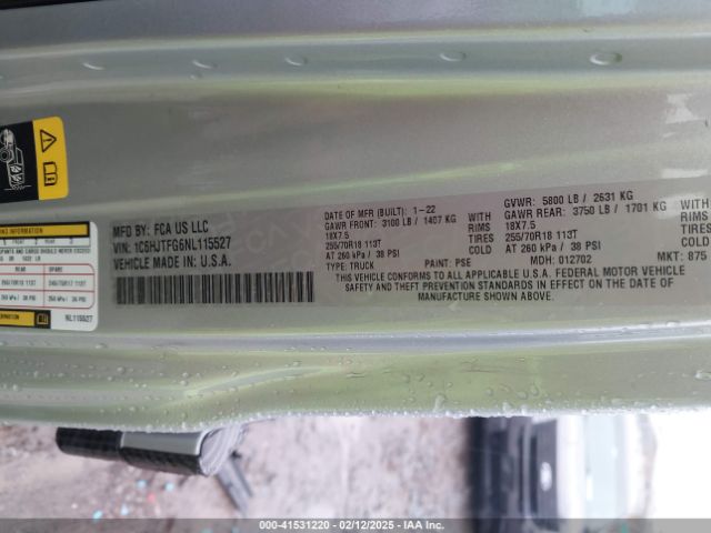 1C6HJTFG6NL115527 Jeep Gladiator Overland 4x4