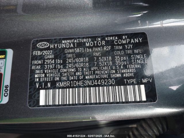 KM8R1DHE3NU449230 Hyundai Palisade Se