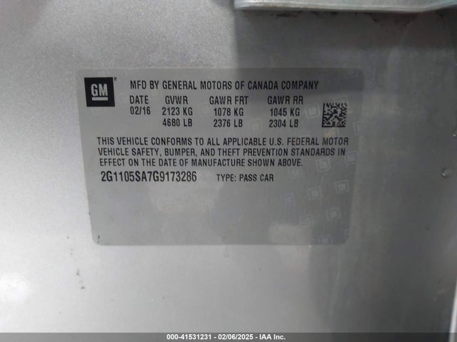 Продаж на аукціоні авто 2016 Chevrolet Impala 1lt, vin: 2G1105SA7G9173286, номер лоту: 41531231