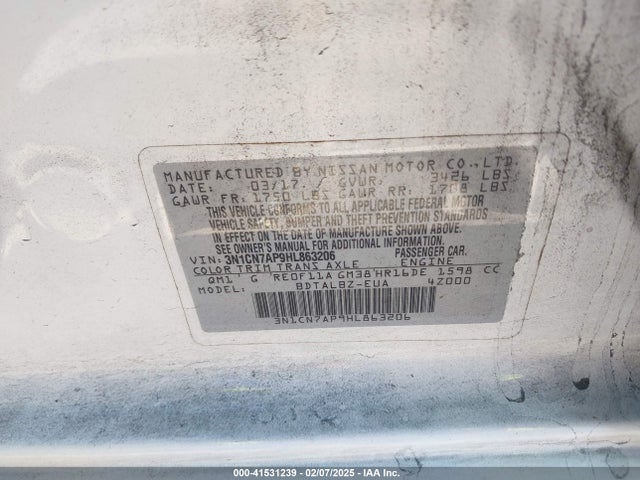 3N1CN7AP9HL863206 Nissan Versa 1.6 Sv