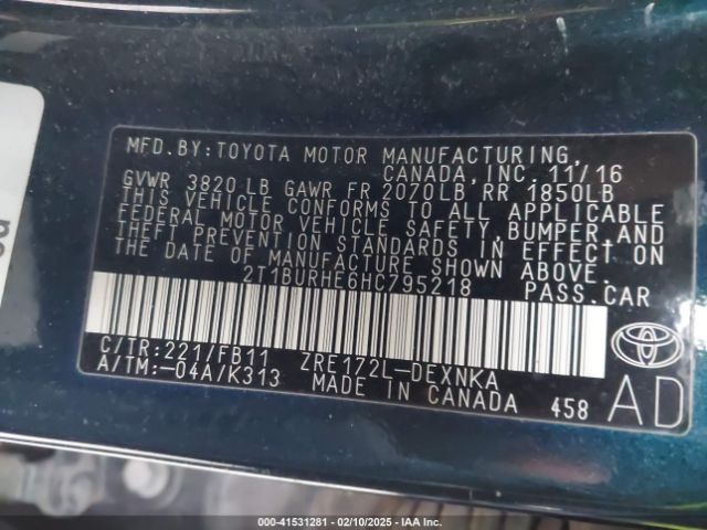 2T1BURHE6HC795218 Toyota COROLLA LE