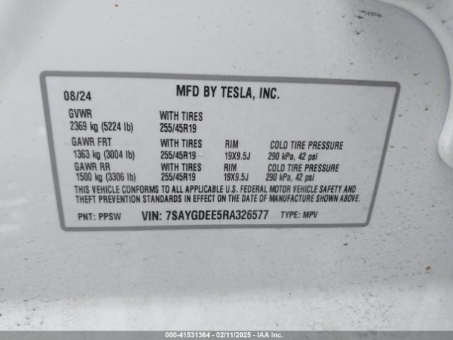 7SAYGDEE5RA326577 Tesla Model Y Long Range Dual Motor All-wheel Drive