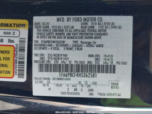 1FA6P8CF4H5262581 Ford Mustang Gt Premium