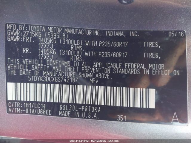 5TDYK3DCXGS742187 Toyota Sienna Xle 8 Passenger