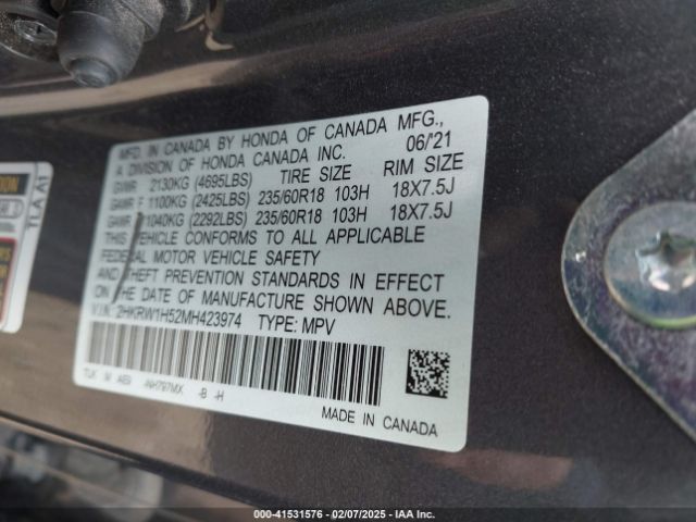 2HKRW1H52MH423974 Honda Cr-v 2wd Ex