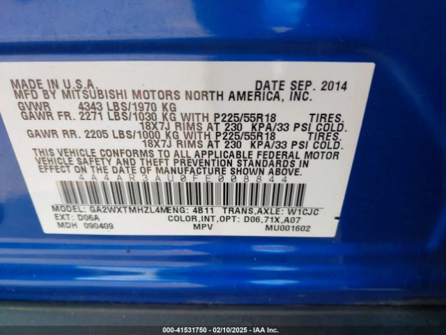 4A4AR3AU0FE008844 Mitsubishi Outlander Sport Es