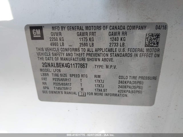 41531775 :رقم المزاد ، 2GNALBEK4G1177867 vin ، 2016 Chevrolet Equinox Ls مزاد بيع